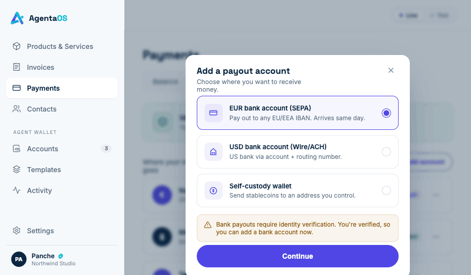 Adding a payout account and cashing out